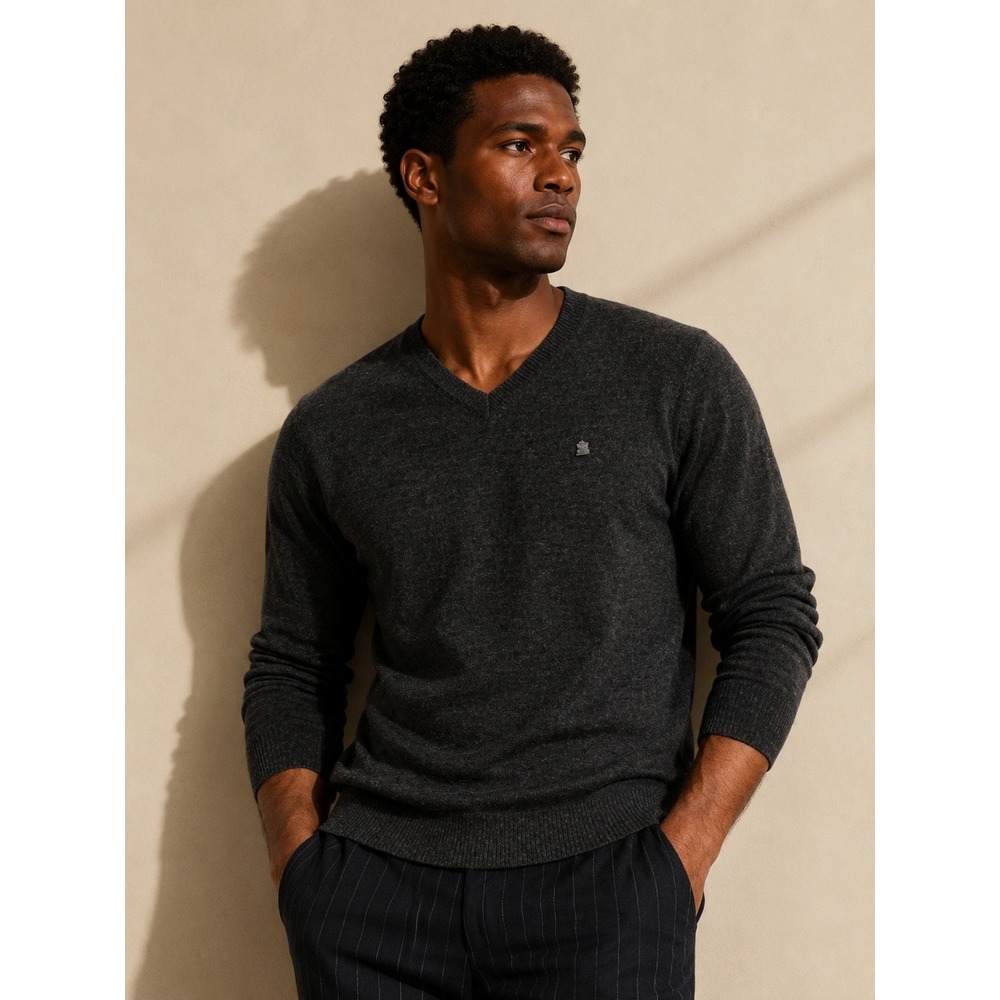 French Connection Mens V-Neck Sweater Charcoal Gray Marl Logo Knit Size M